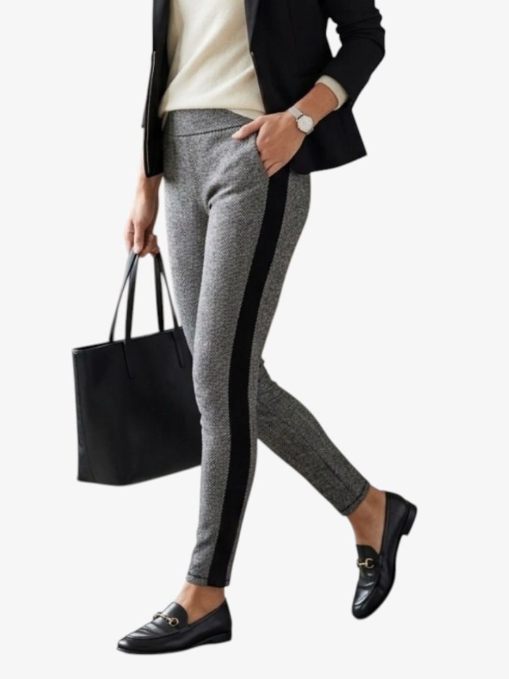 Chic Herringbone Knit Leggings with Side Stripe in Grey/Black Women’s Size S
